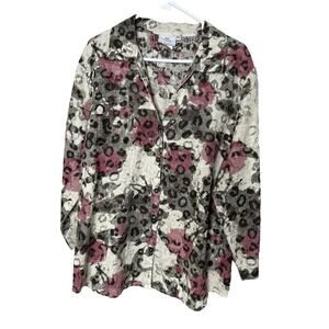 Hot Cotton Marc Ware XL 100% Linen Button Shirt Top Pink Tan Floral Lagenlook